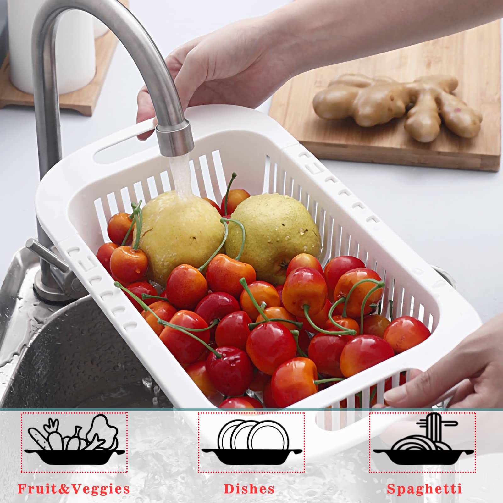 Extendable Over the Sink Colander Fruits and Vegetables Drain Basket Adjustable Strainer Sink Washing Basket for Kitchen (Beige)