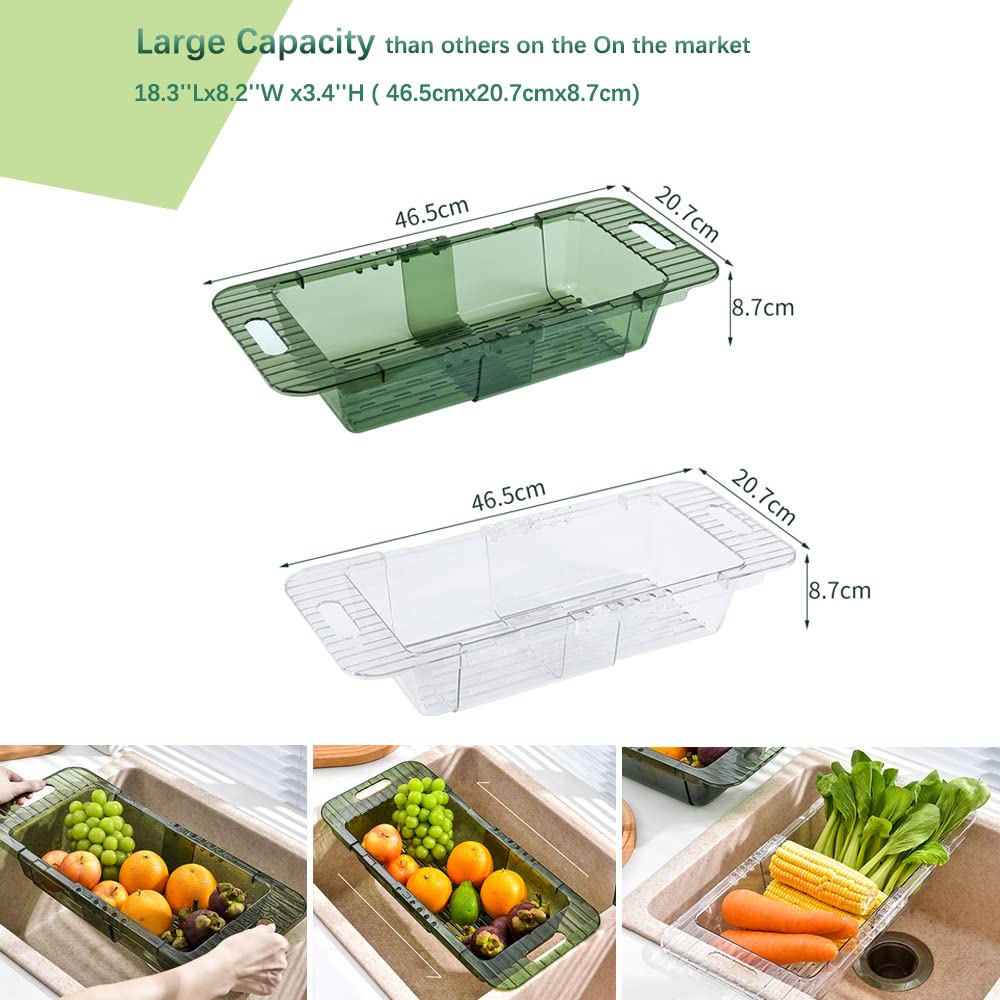 Over the Sink Colander Strainer Basket, Expandable Multifunctional Plastic Colander, Adjustable Drainer Basket, Wash Vegetables and Fruits, Drain Cooked Pasta and Dry Dishes - Transparent