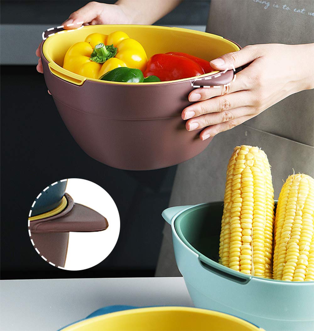 2 Pack Kitchen Strainer Colander Bowl Sets, 2-in-1 Multifunction Washing Bowl and Strainer, Large Double Layered Drain Basin and Basket, Colanders Strainers for Fruits Vegetables Cleaning Wash