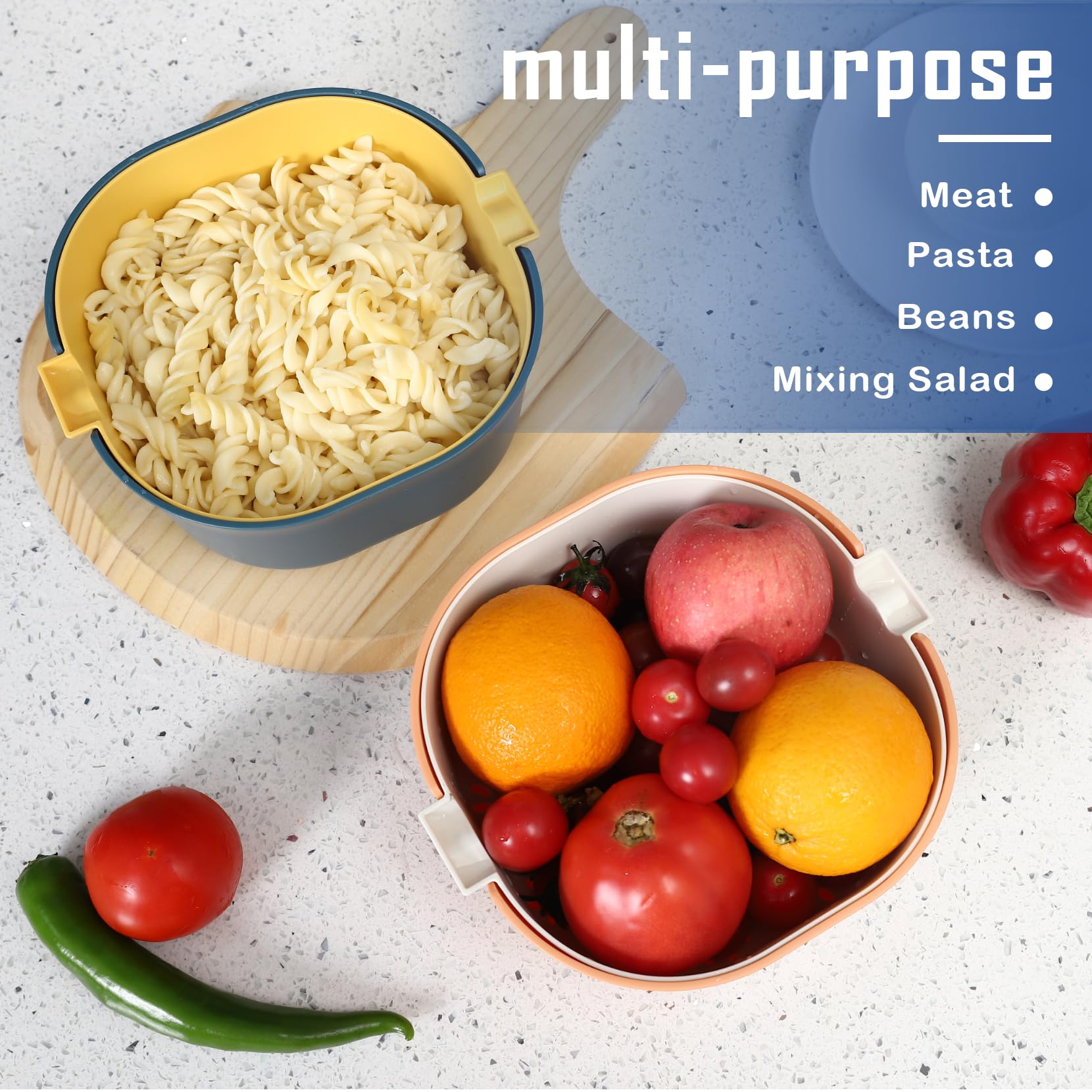 2 Packs Strainers and Colanders Bowl Set, Sturdy Kitchen Sink Strainer for Fruit and Vegetable Wash, Noodle Pasta Strainer, BPA Free, Dishwasher Safe, Orange White Blue Yellow, 5.5 Quart
