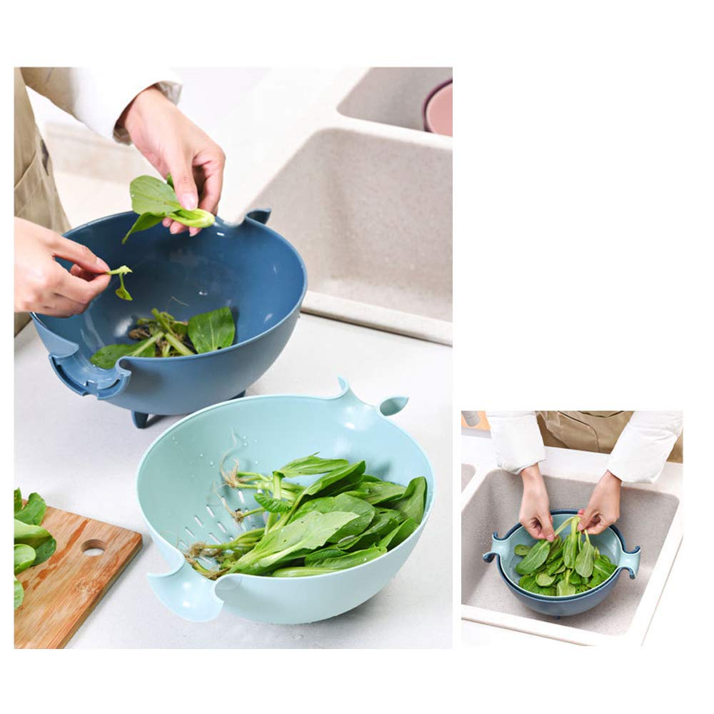 Kitchen Food Strainer for Spaghetti, Pasta, Double-Layer Separation Design Multifunction Kitchen Colander, Double Layered Rotatable Drain Basin and Basket (Yellow)