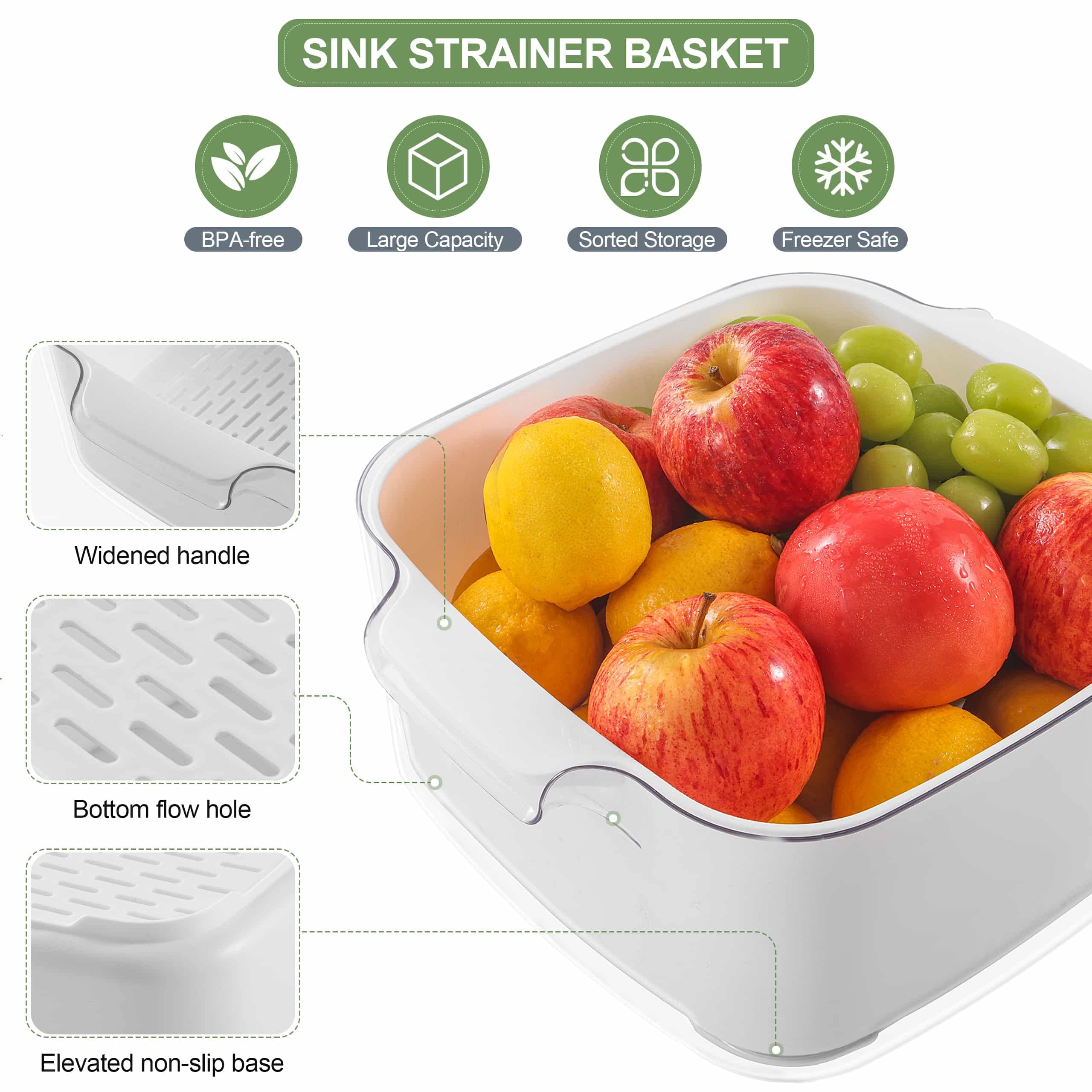 8.2 Quart Kitchen Colanders Bowl Set, 2 in 1 Fruit Vegetable Washing Food Strainers, Large Plastic Double Layered Strainer Basket for Pasta, Spaghetti, Berry, Salads, BPA Free