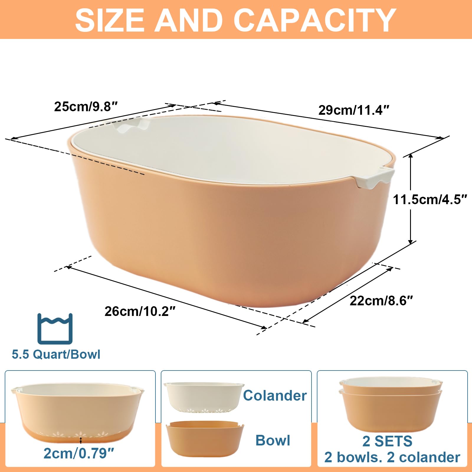 2 Packs Strainers and Colanders Bowl Set, Sturdy Kitchen Sink Strainer for Fruit and Vegetable Wash, Noodle Pasta Strainer, BPA Free, Dishwasher Safe, Orange White Blue Yellow, 5.5 Quart