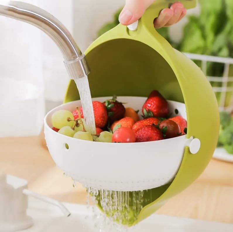 Double-Layer Detachable Plastic Colander for Home and Kitchen | Easy to Use | Fruit Vegetable Washing Bowl Household Kitchen Sink | Rotatable And Multi-Function (Green)