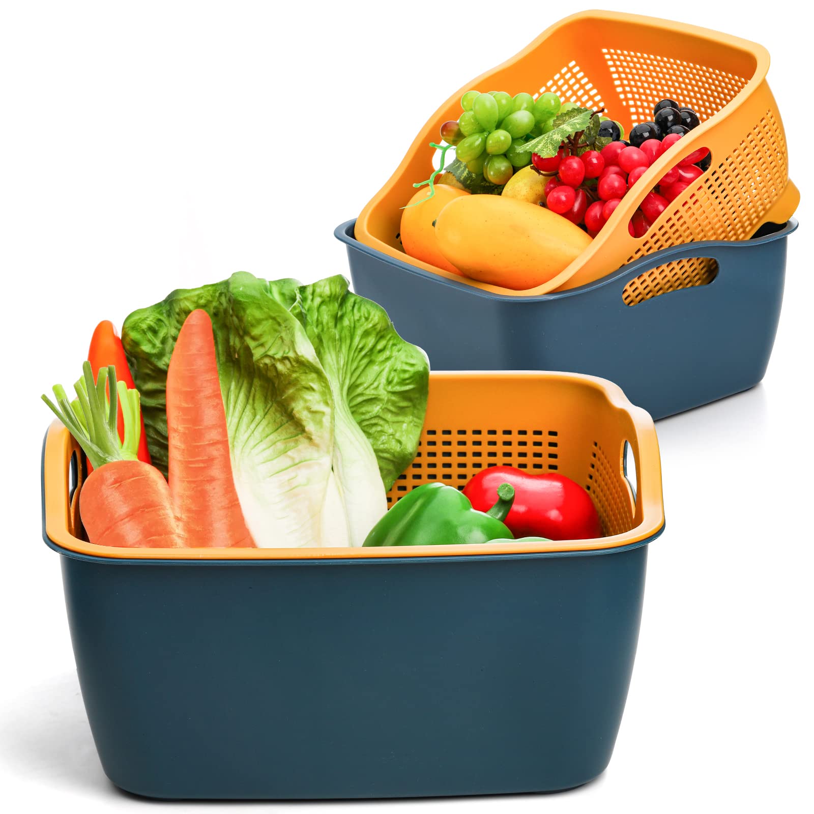 2 Pack 9 & 8 Quart Large Kitchen Strainer Colander Bowl Set, Double-Layer Plastic Fruits Vegetable Washing Basket, Drain Bowls for Cleaning Washing Mixing, Detachable (Blue, Orange)