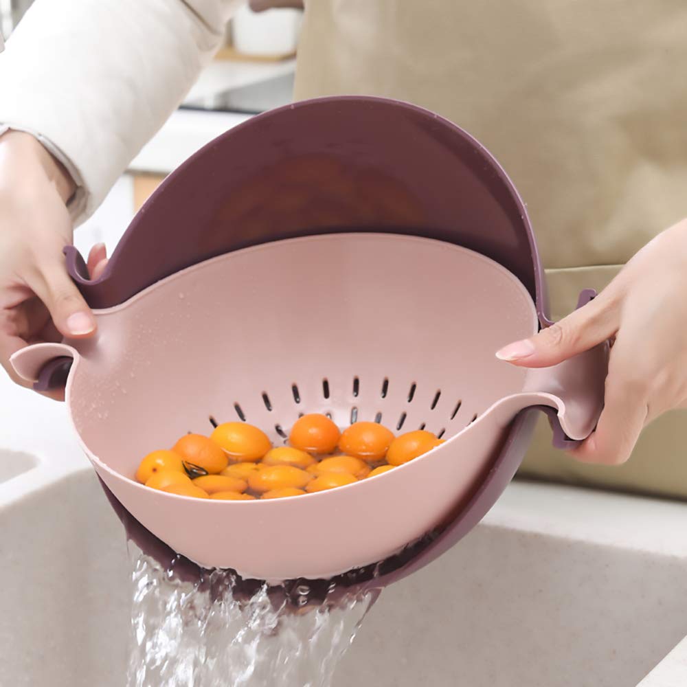 Kitchen Food Strainer for Spaghetti, Pasta, Double-Layer Separation Design Multifunction Kitchen Colander, Double Layered Rotatable Drain Basin and Basket (Yellow)