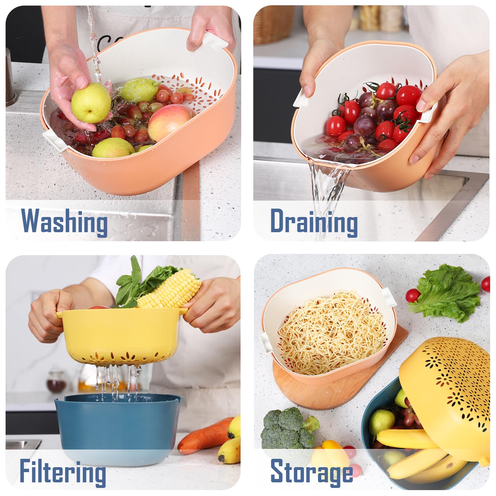 2 Packs Strainers and Colanders Bowl Set, Sturdy Kitchen Sink Strainer for Fruit and Vegetable Wash, Noodle Pasta Strainer, BPA Free, Dishwasher Safe, Orange White Blue Yellow, 5.5 Quart