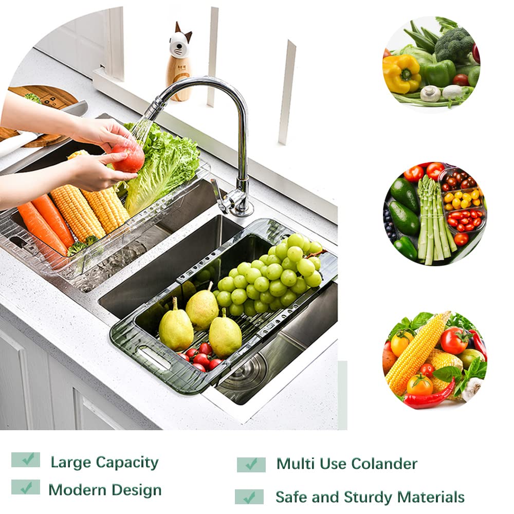 Over the Sink Colander Strainer Basket, Expandable Multifunctional Plastic Colander, Adjustable Drainer Basket, Wash Vegetables and Fruits, Drain Cooked Pasta and Dry Dishes - Transparent