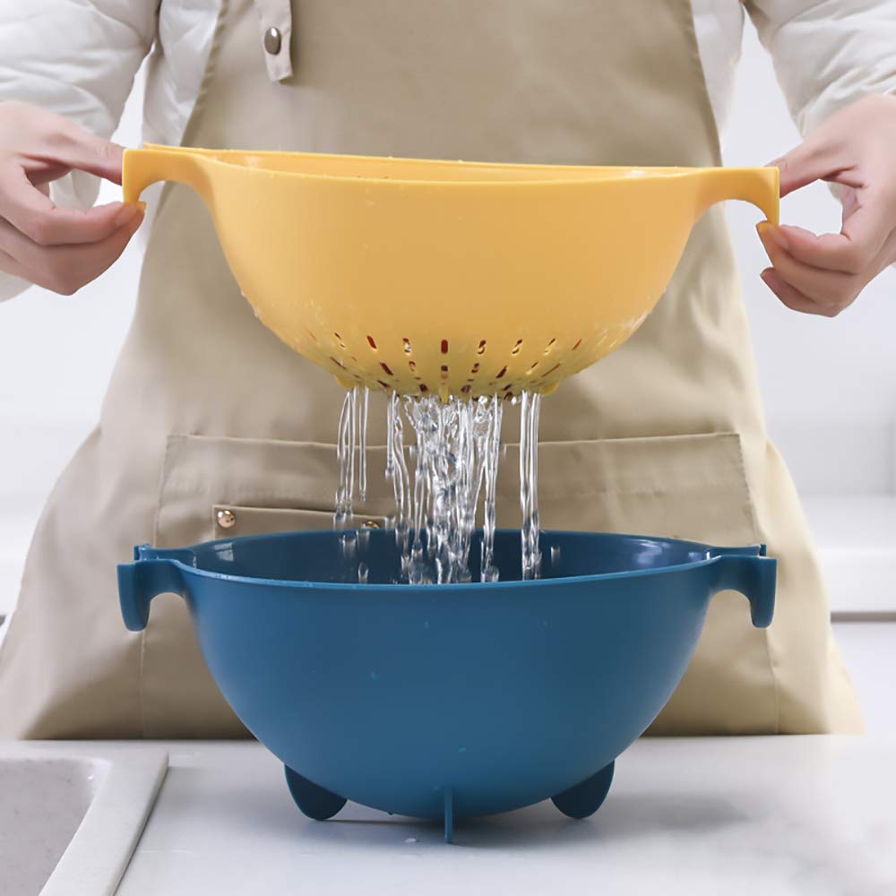Kitchen Food Strainer for Spaghetti, Pasta, Double-Layer Separation Design Multifunction Kitchen Colander, Double Layered Rotatable Drain Basin and Basket (Yellow)