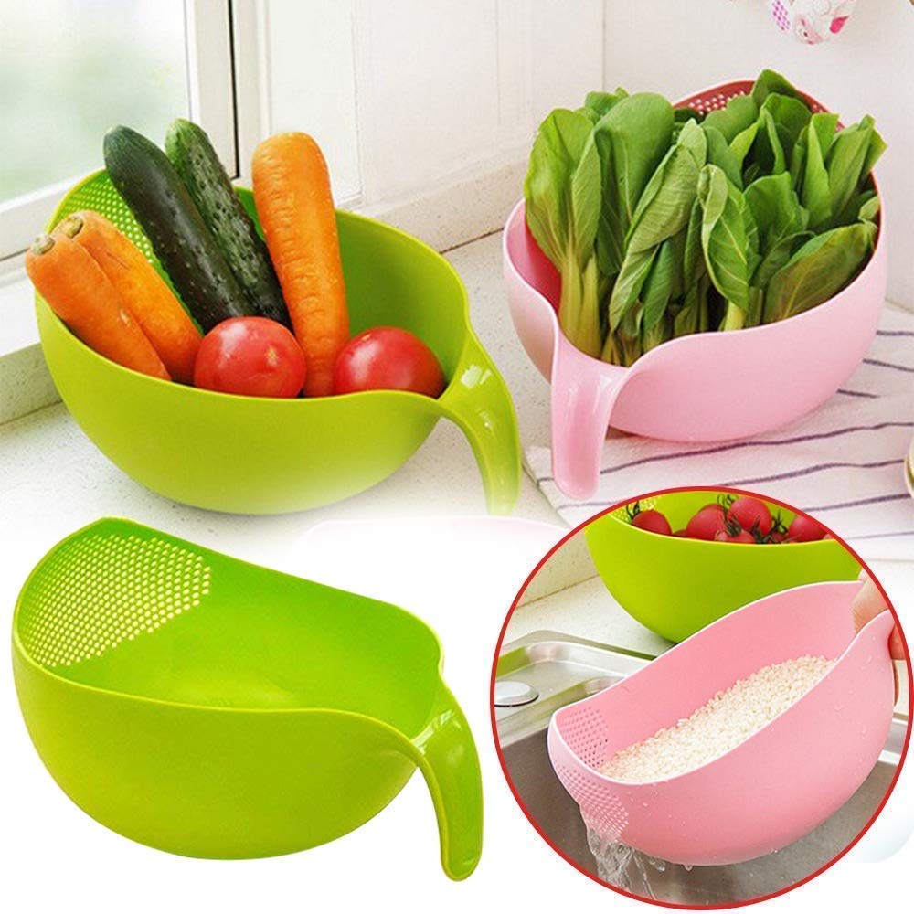 Rice Bowl Plastic Rice Pulses Fruits Vegetable Noodles Pasta Washing Bowl and Strainer for Storing and Straining, Rice Strainer Bowl, Fruit Stainer, Drain Basket - 2.1 Qt (2L)