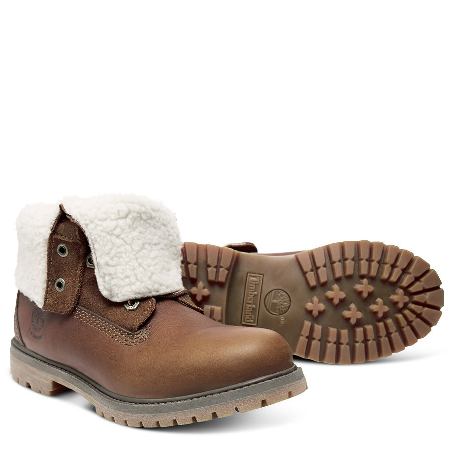Timberland Women's Authentics Teddy Fleece Fold-Down Dark Brown Tobacco Forty