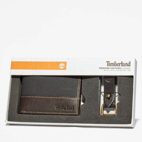 Timberland Men's Canvas & Leather Wallet with Matching Fob Gift Set