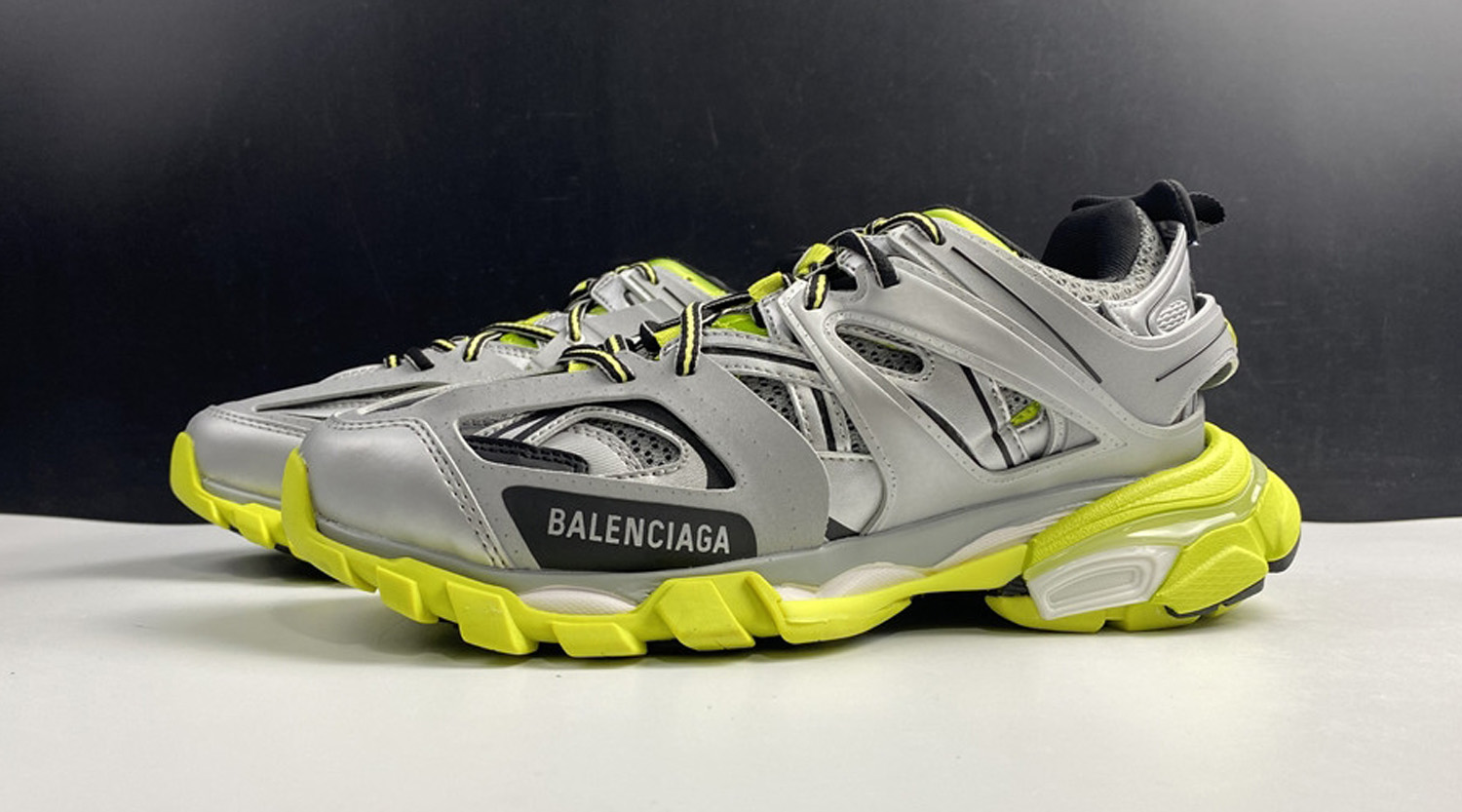 Balenciaga Silver and Green Track Sneakers