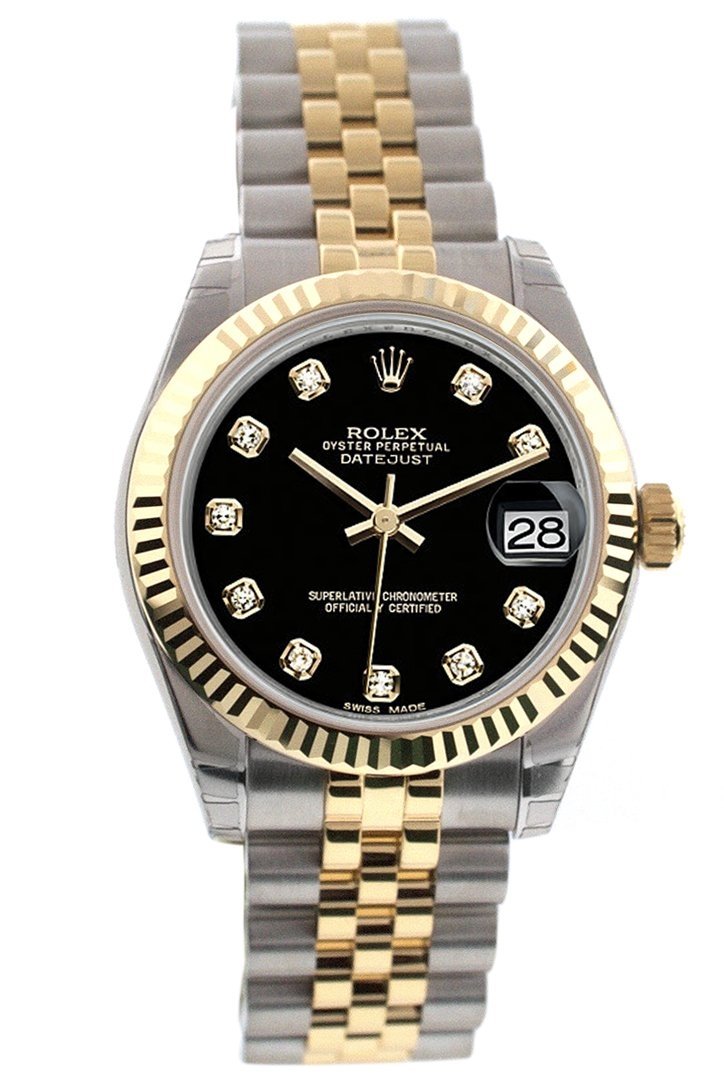 Datejust 31 Black Diamond Dial Fluted Bezel 18K Gold Two Tone Jubilee Ladies 178273