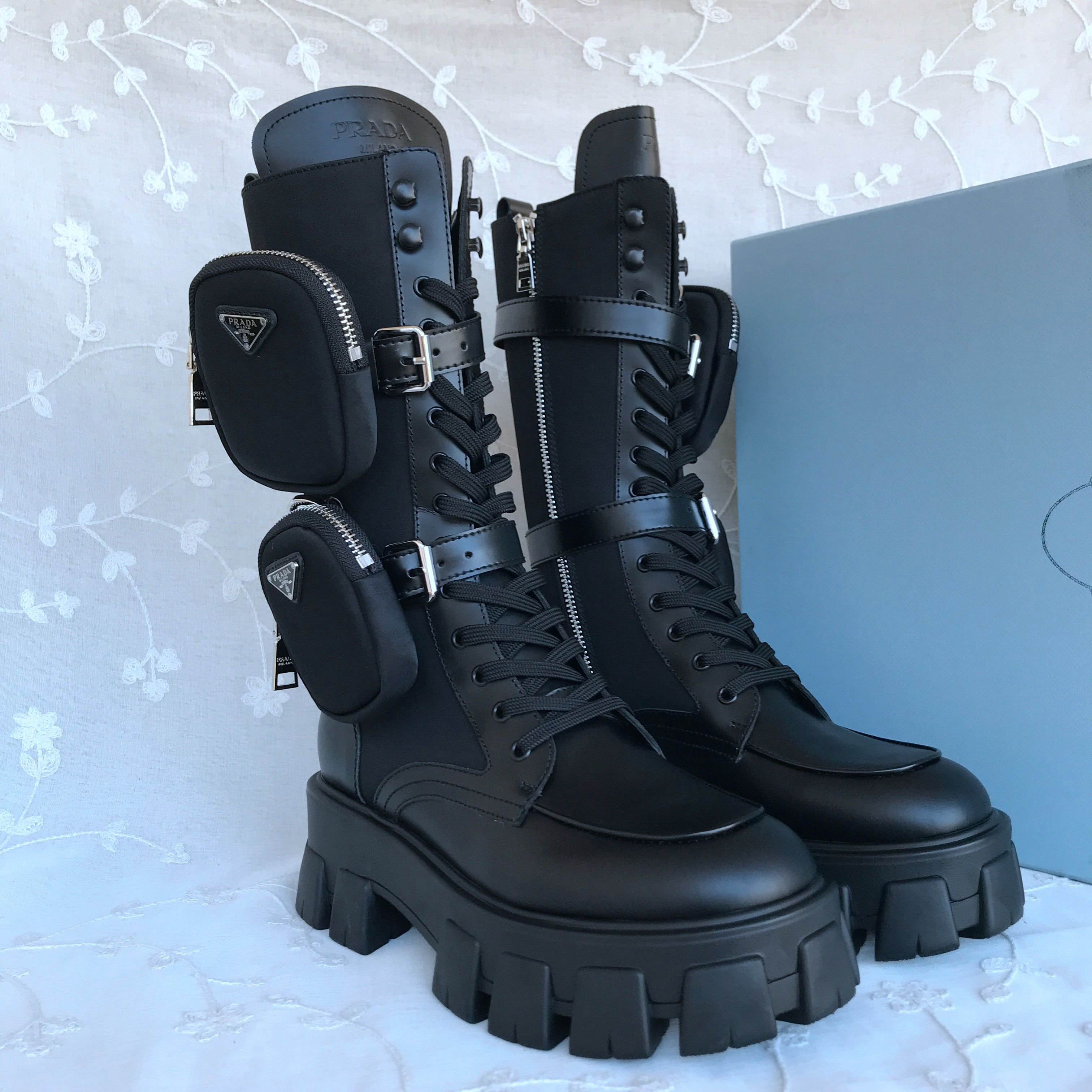 PRADA Black Derby military boots