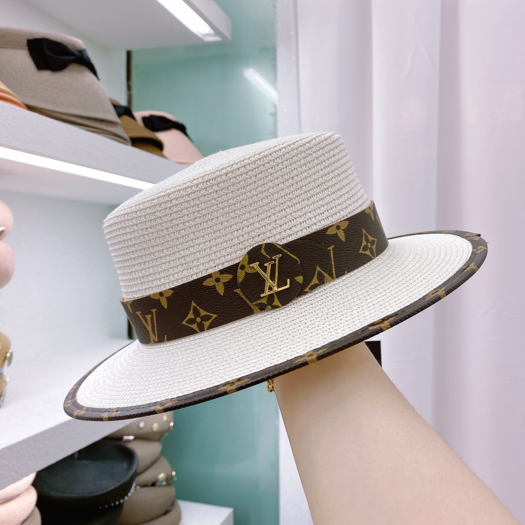 Fashion Monogram Belt Flat Straw Hat