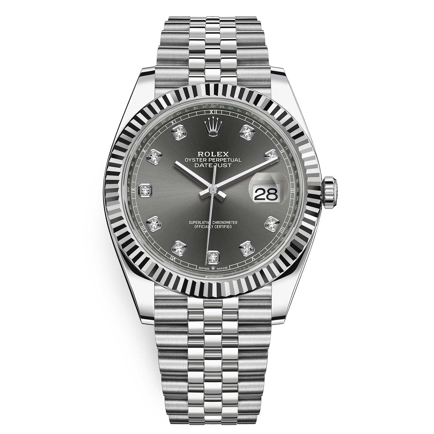 Rolex Datejust 41 White Gold/Steel Slate Diamond Dial Fluted Bezel Jubilee Bracelet 126334