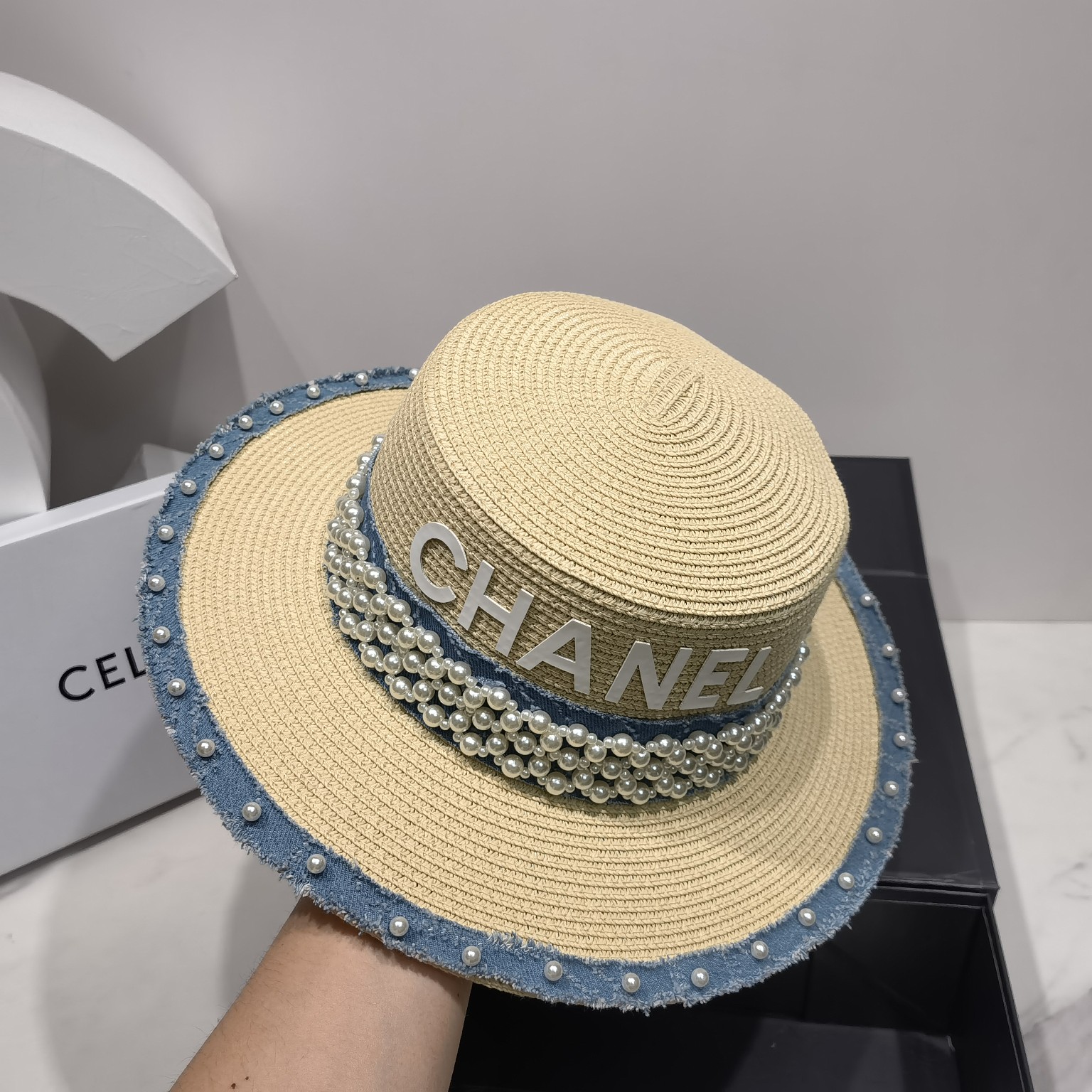 Denim Strap Pearl Flat Top Straw Hat