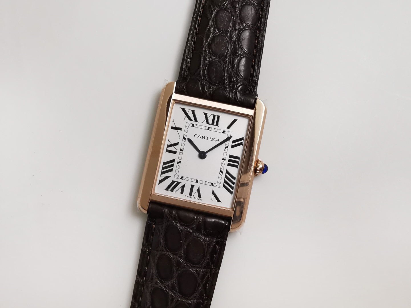 Cartier Tank Solo Silver Dial Rose Gold Bezel Brown Leather Strap 31mm x 24.4mm W5200024
