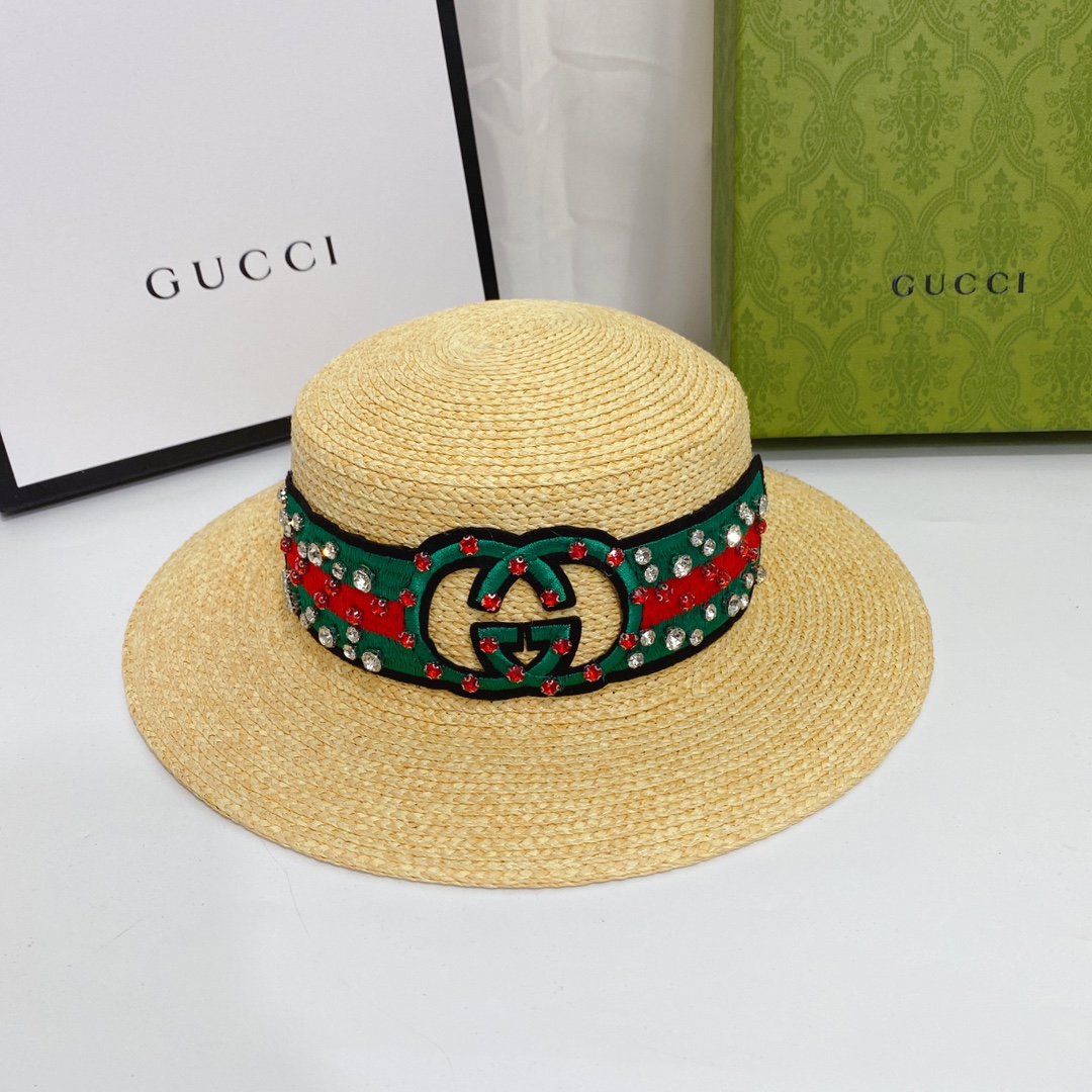 Double G Color Embroidered Diamond Straw Hat