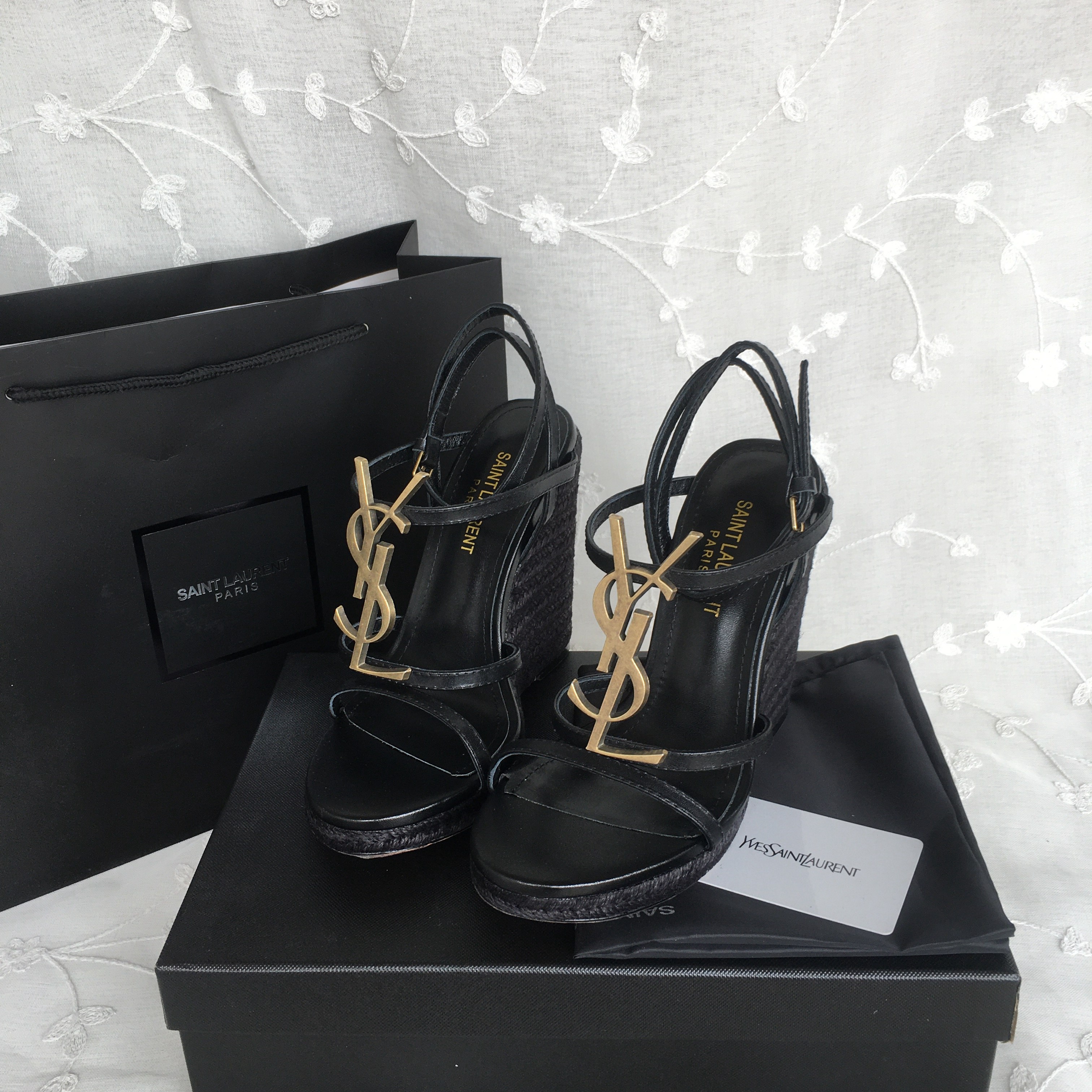 YSL Cassandra sleek leather wedgies with hemp rope soles