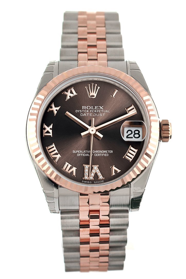 Datejust 31 Chocolate Roman Large VI set with Diamond Dial Fluted Bezel 18K Rose Gold Two Tone Jubilee Ladies Watch 178271