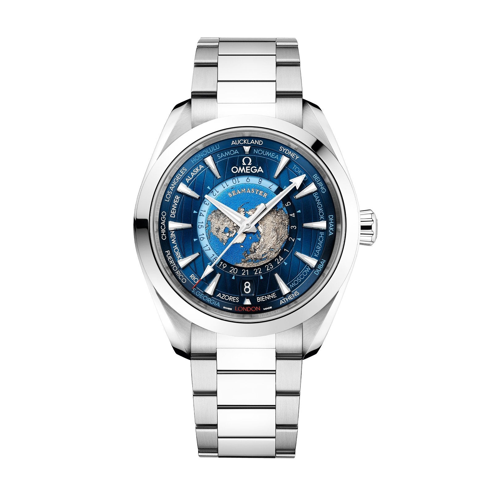 Omega Seamaster Aqua Terra 150M Co‑Axial Master Chronometer GMT Worldtimer 43mm Stainless Steel Blue Dial 220.10.43.22.03.001