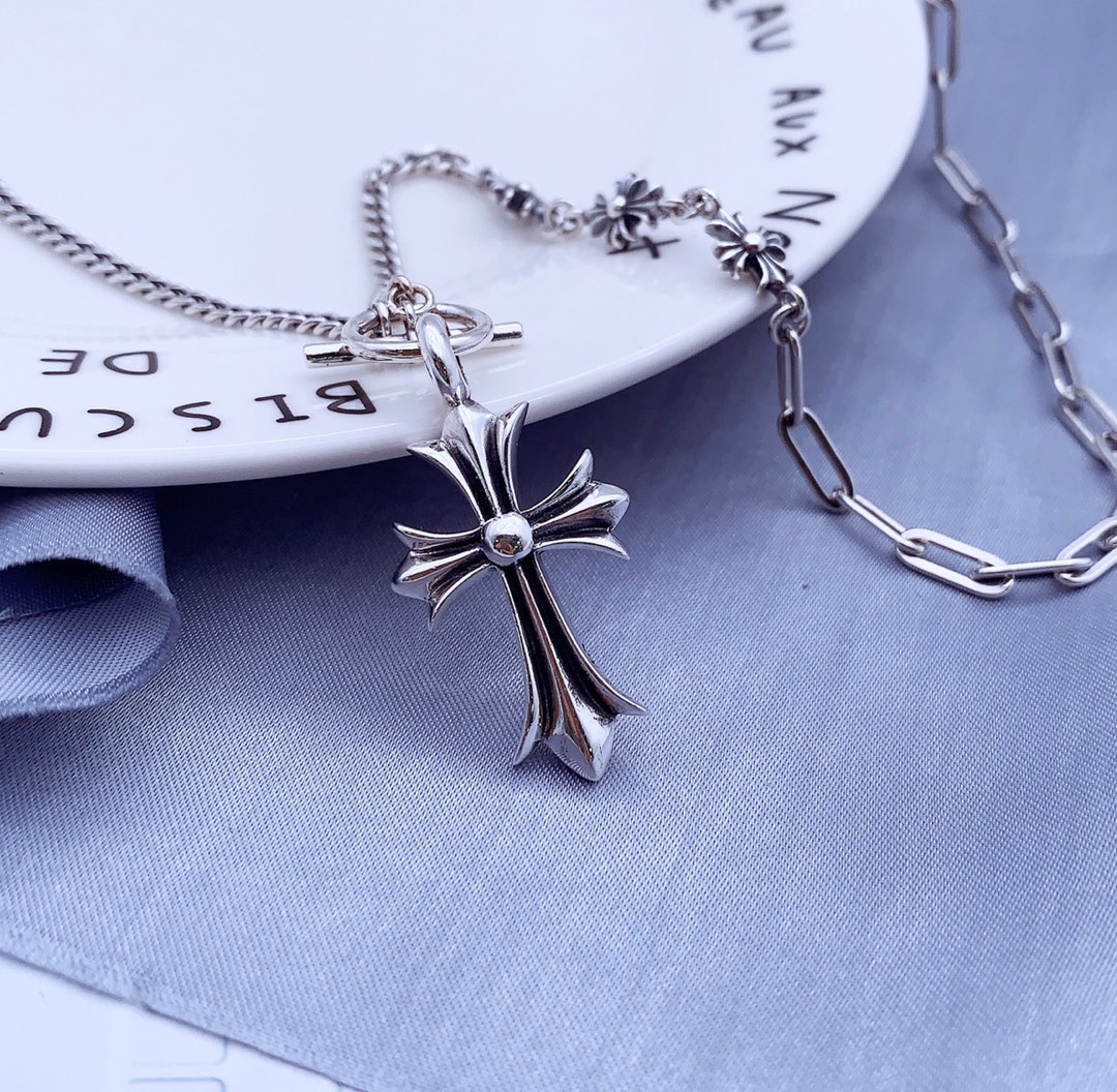 C*hrome Hearts Sterling silver inlaid stone cross pendant OT buckle splice set chain