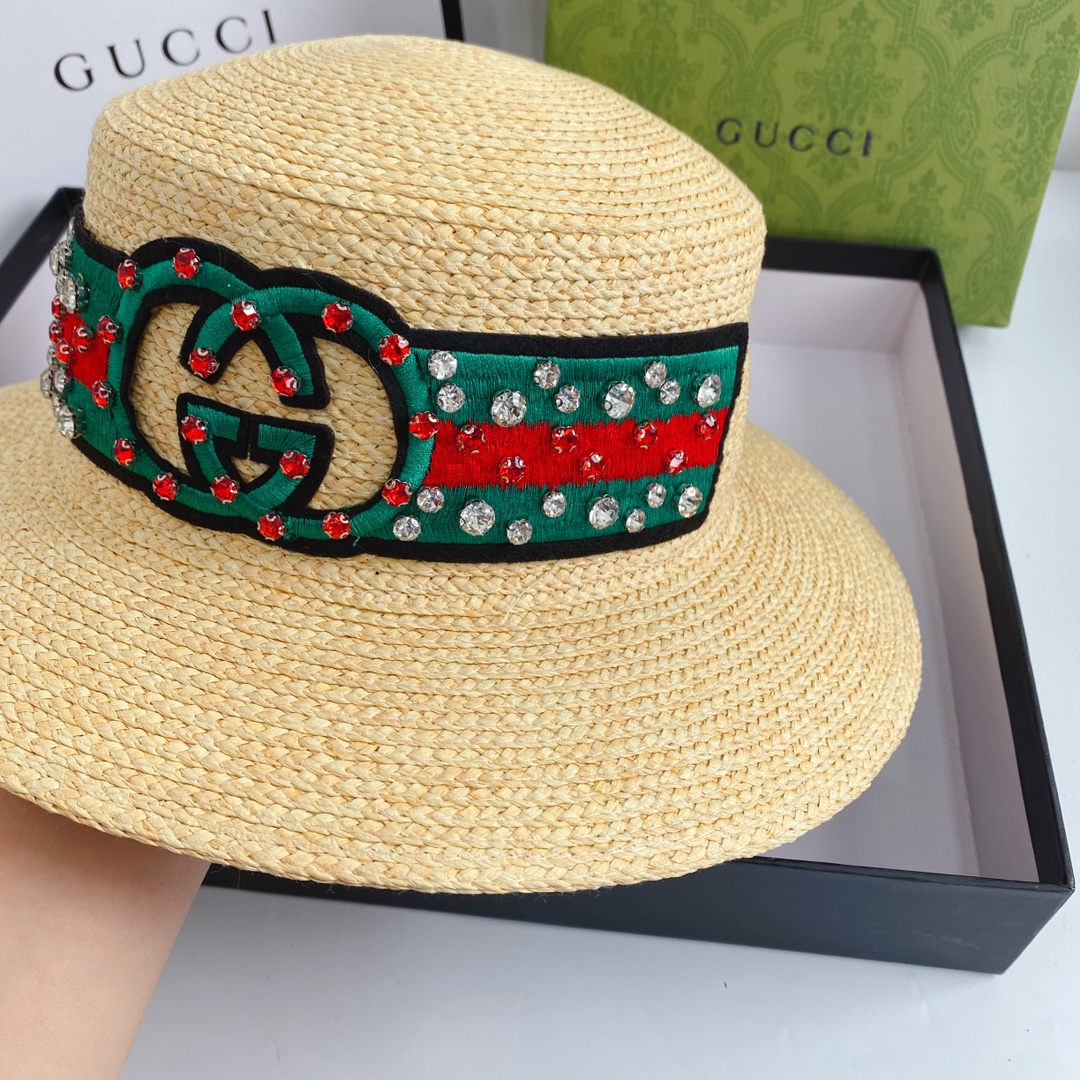 Double G Color Embroidered Diamond Straw Hat
