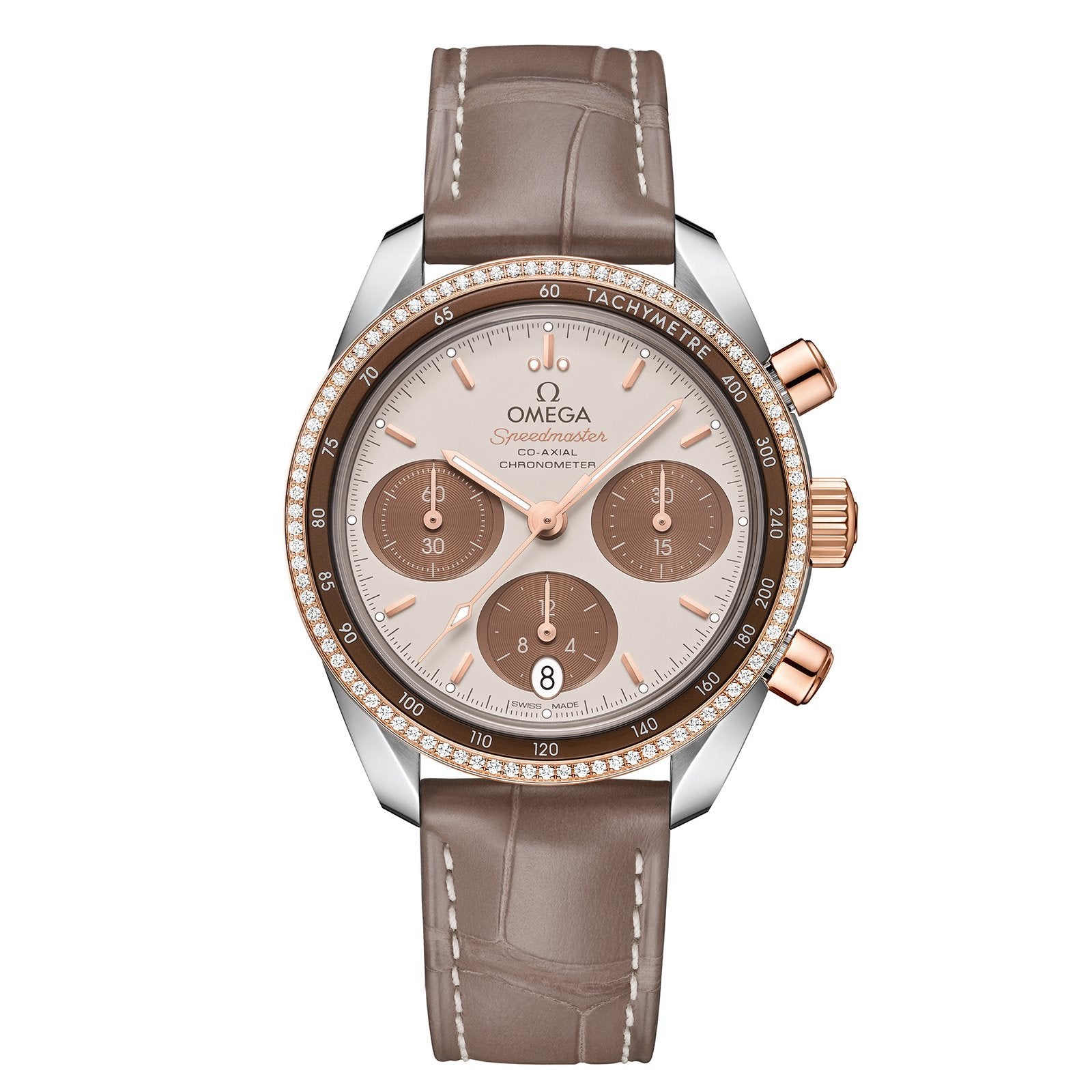 Omega Speedmaster 38 Co‑Axial Chronograph Stainless Steel Brown Dial & Gold Diamond Bezel Leather Strap 38mm