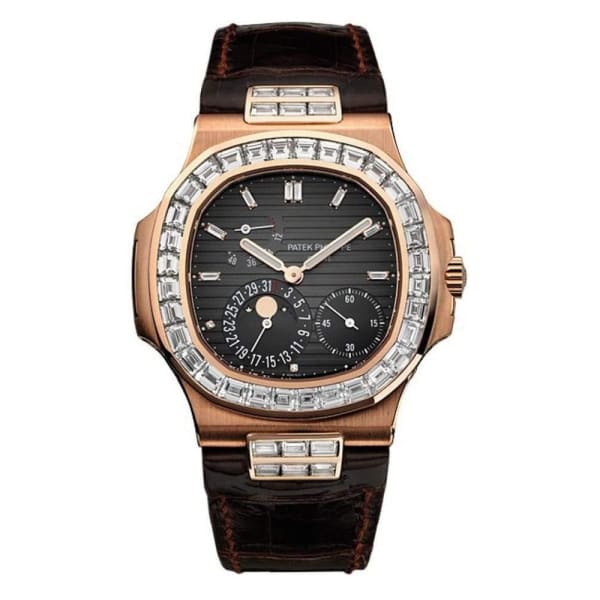 Patek Philippe 5724R-001 Nautilus 40mm Black Baguette Diamond Bezel Moon Phase Date Rose Gold Leather Automatic
