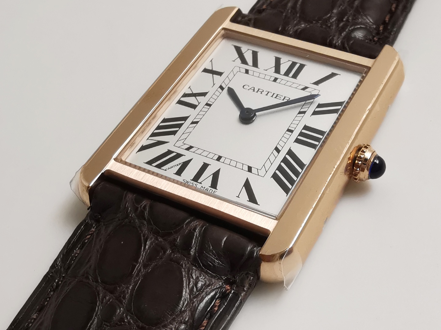 Cartier Tank Solo Silver Dial Rose Gold Bezel Brown Leather Strap 31mm x 24.4mm W5200024