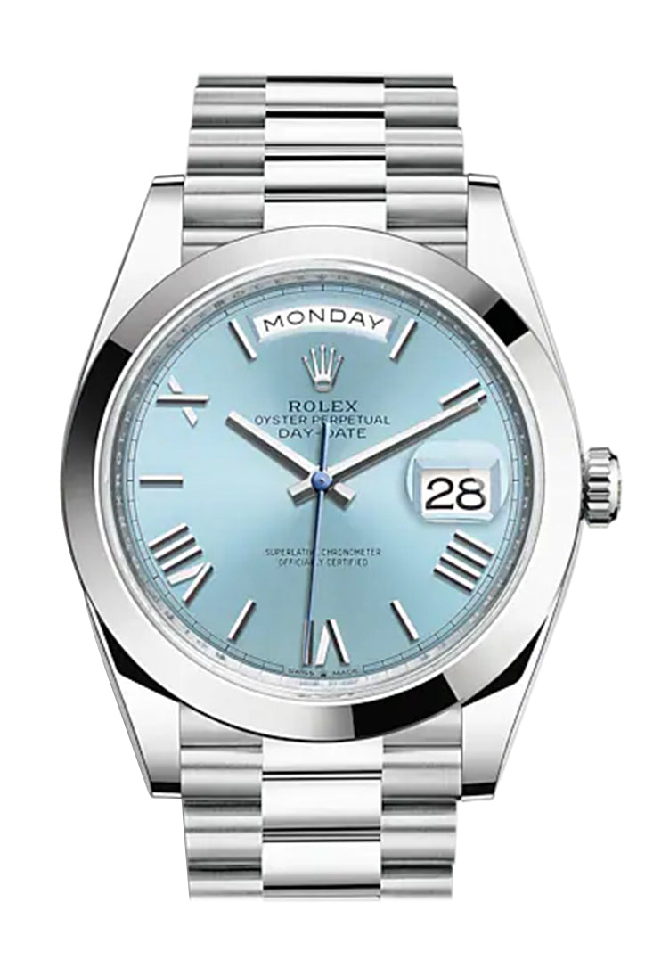 Rolex Day-Date 40 Platinum Ice Blue Roman Dial & Smooth Bezel President Bracelet 228206