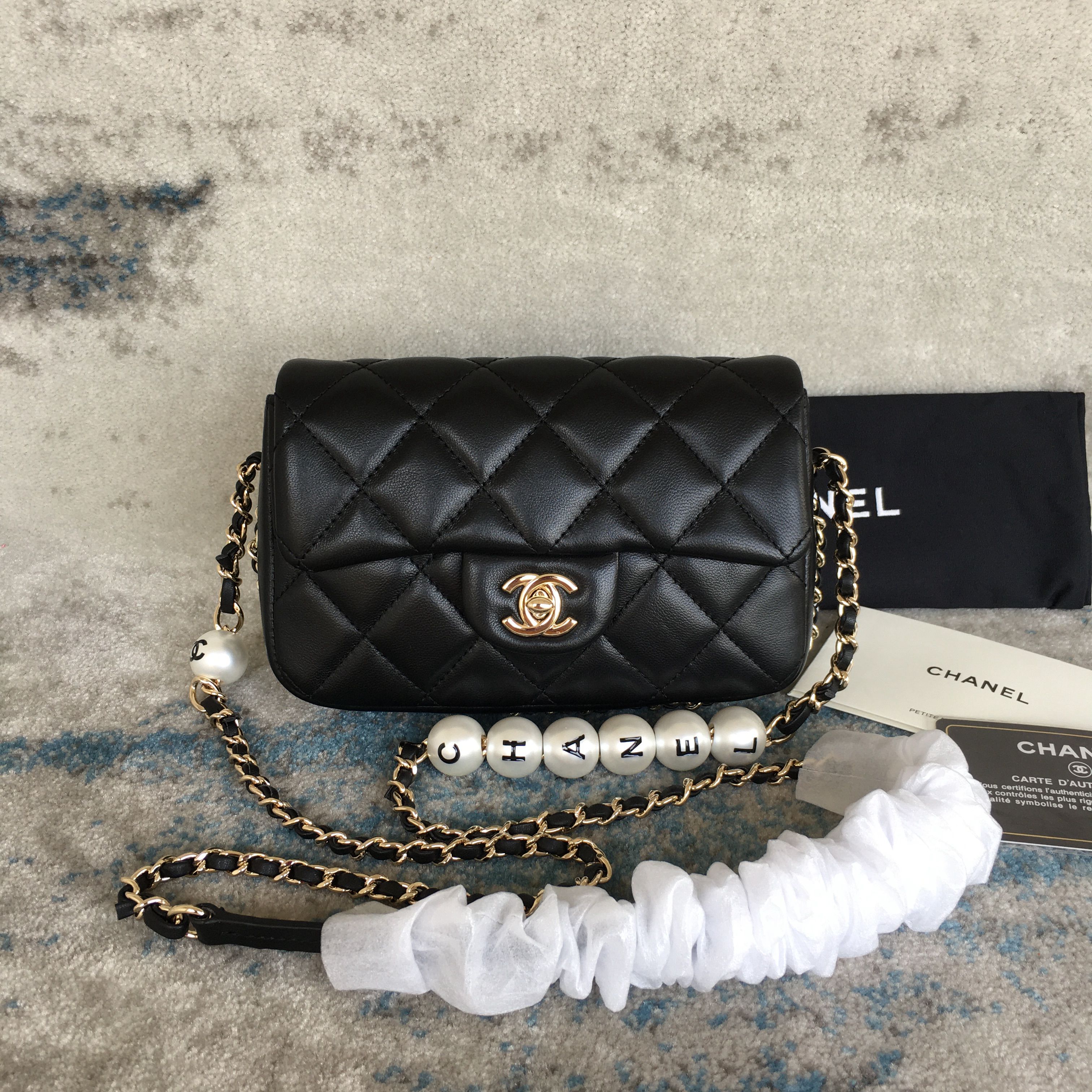 Chanel Logo Pearl Chain Bag