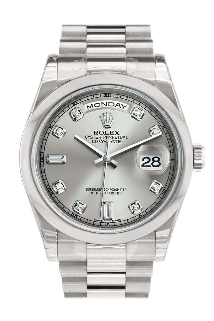 Rolex Day Date 36 Silver Set With Diamonds Dial President Men's Watch 118206