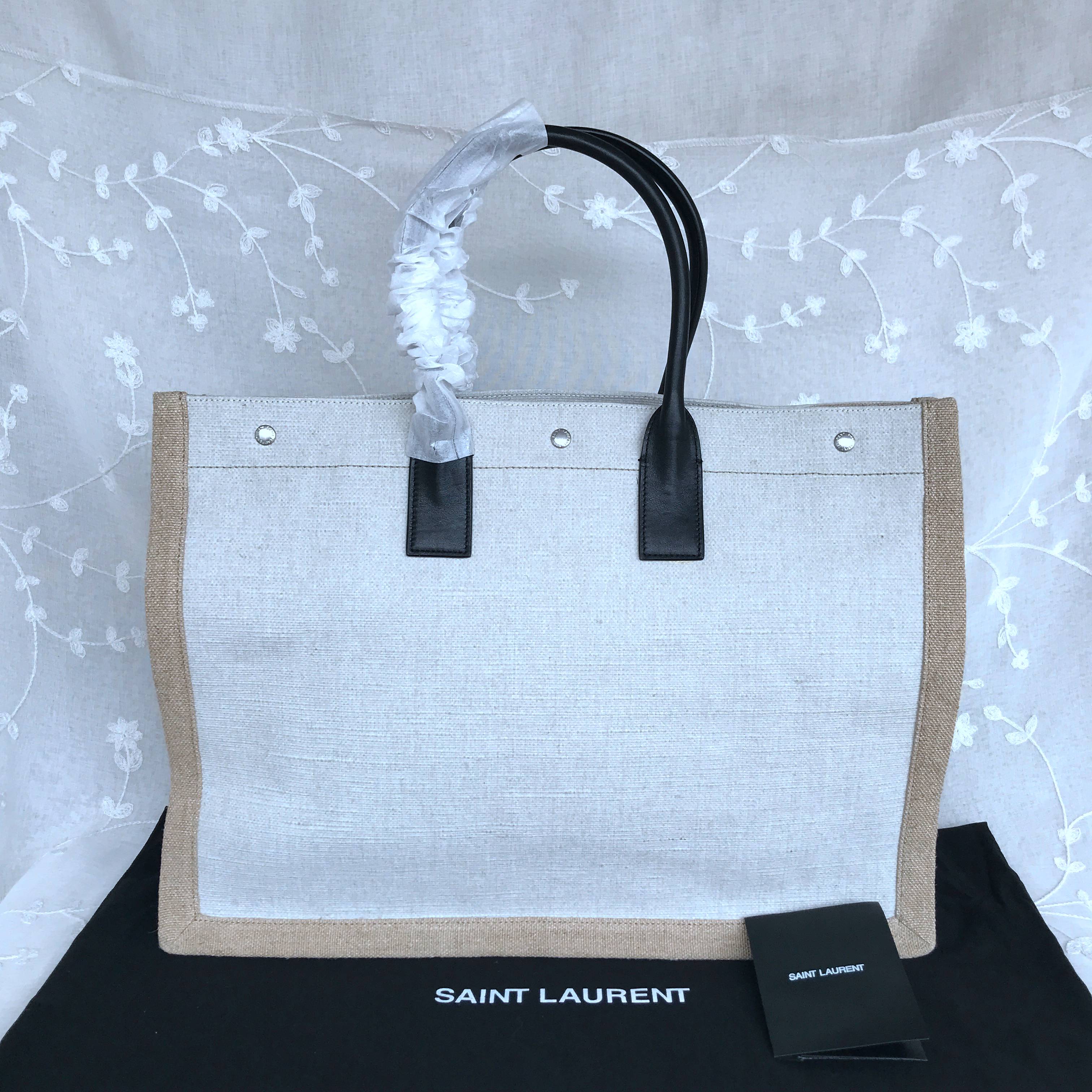 RIVE GAUCHE TOTE BAG IN PRINTED LINEN AND LEATHER