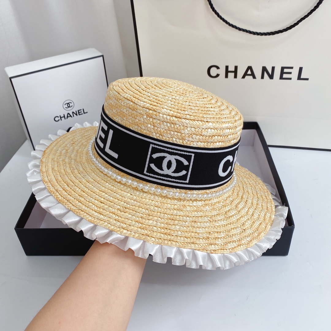 Pearl Ruffle Flat Top Braided Straw Hat