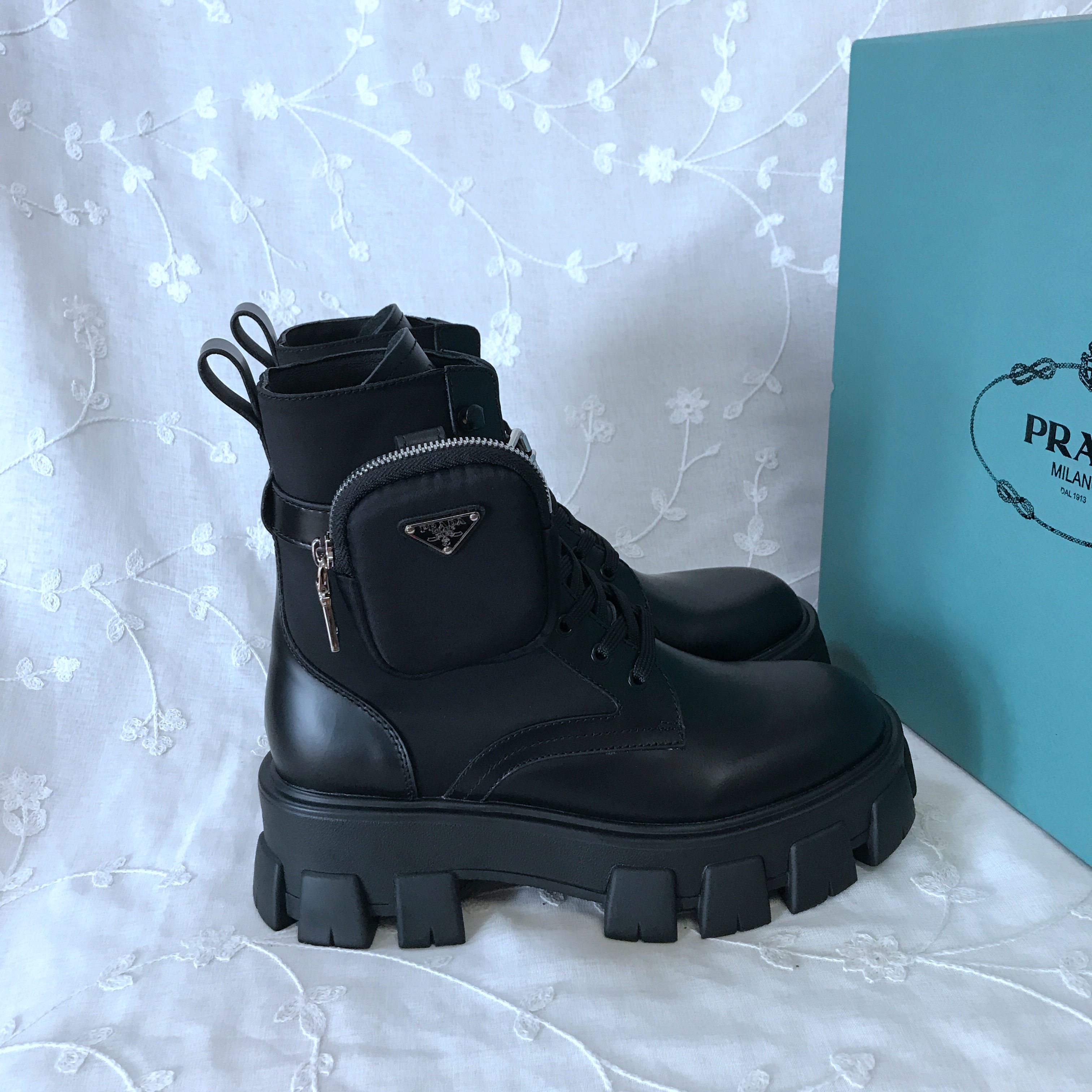 PRADA Black Derby military boots