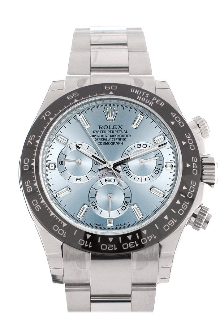 Rolex Daytona Platinum Ice Blue 8 Baguette Diamond Dial Oyster Bracelet 116506