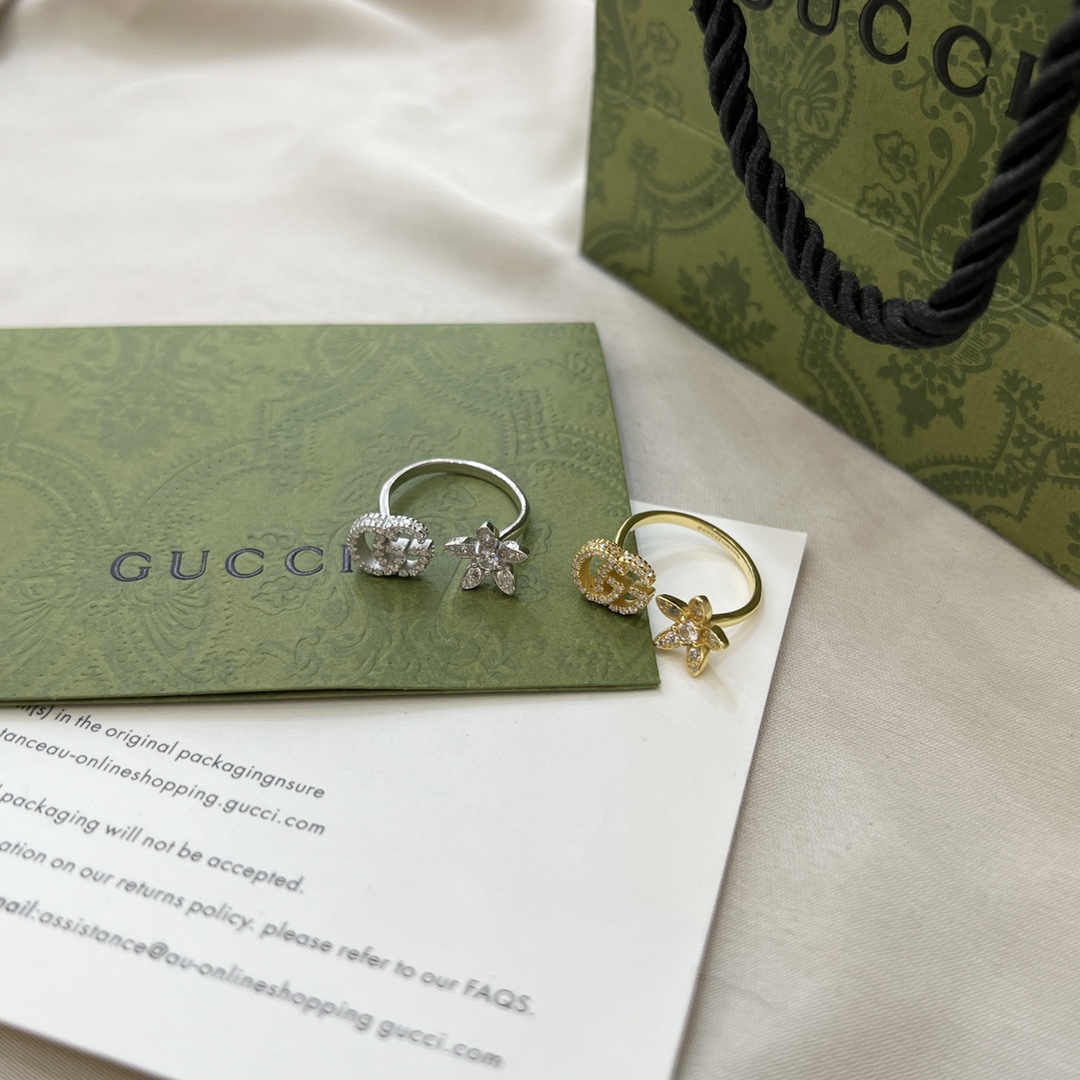 G*U 925 sterling silver Double G Floral 18K white gold diamond ring