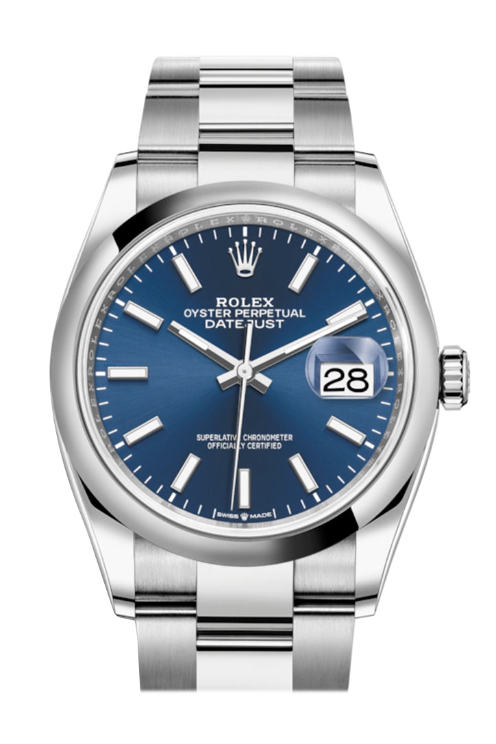 Rolex Datejust 36 Stainless Steel Bright Blue Index Dial & Smooth Domed Bezel Oyster Bracelet 126200