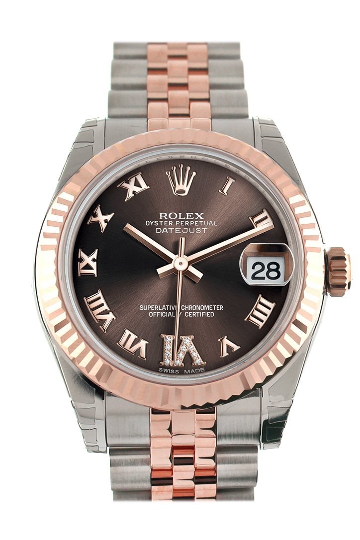 Datejust 31 Chocolate Roman Large VI set with Diamond Dial Fluted Bezel 18K Rose Gold Two Tone Jubilee Ladies Watch 178271