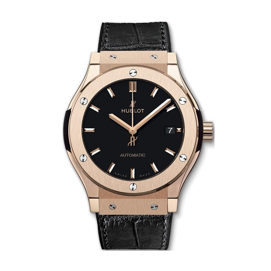 Hublot Classic Fusion 3-Hands King Gold Pave 45mm Black Dial Rubber and Alligator Leather Straps 511.OX.1181.LR.1704