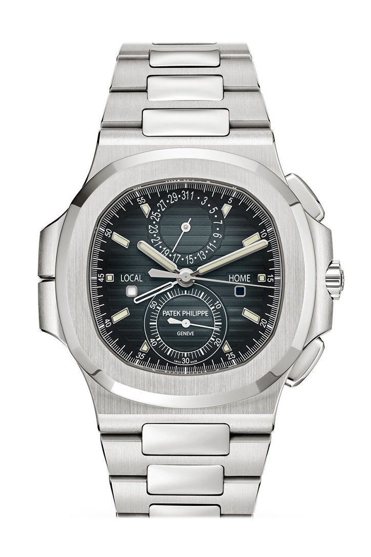 Patek Philippe Nautilus Flyback Chronograph Travel Time Stainless Steel Blue Black Dial 5990/1A-011