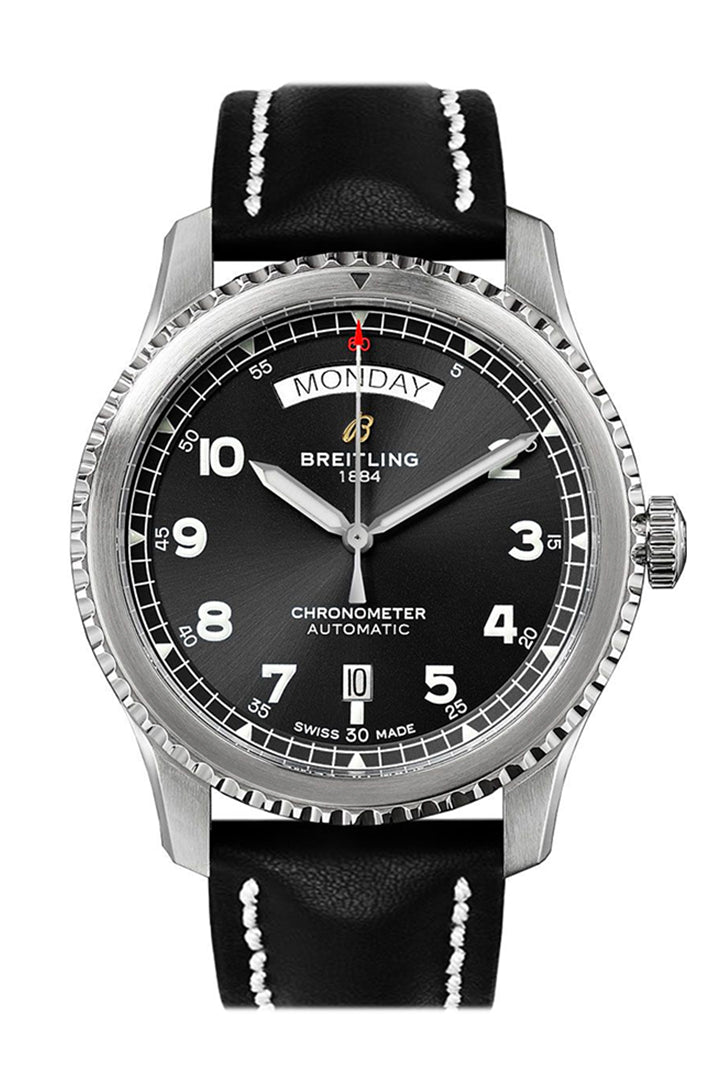 Breitling Aviator 8 Automatic Day & Date 41 Stainless Steel 41mm Black Dial Leather Strap A45330101B1X1