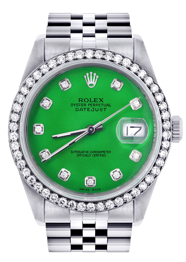 Rolex Datejust Steel 36mm Jubilee Watch 16200 Diamond Bezel/Money Green Dial