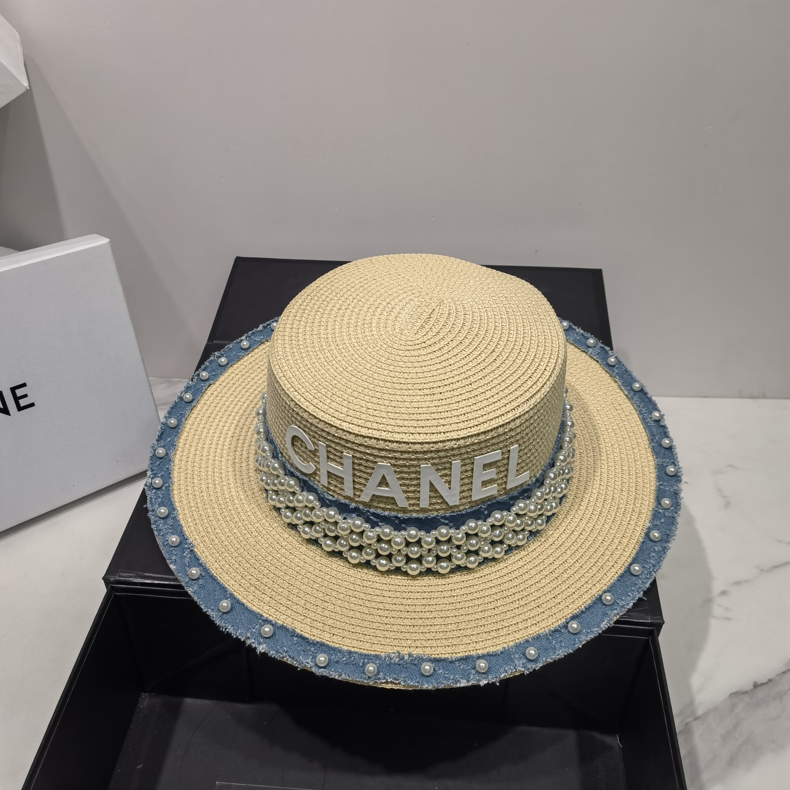 Denim Strap Pearl Flat Top Straw Hat