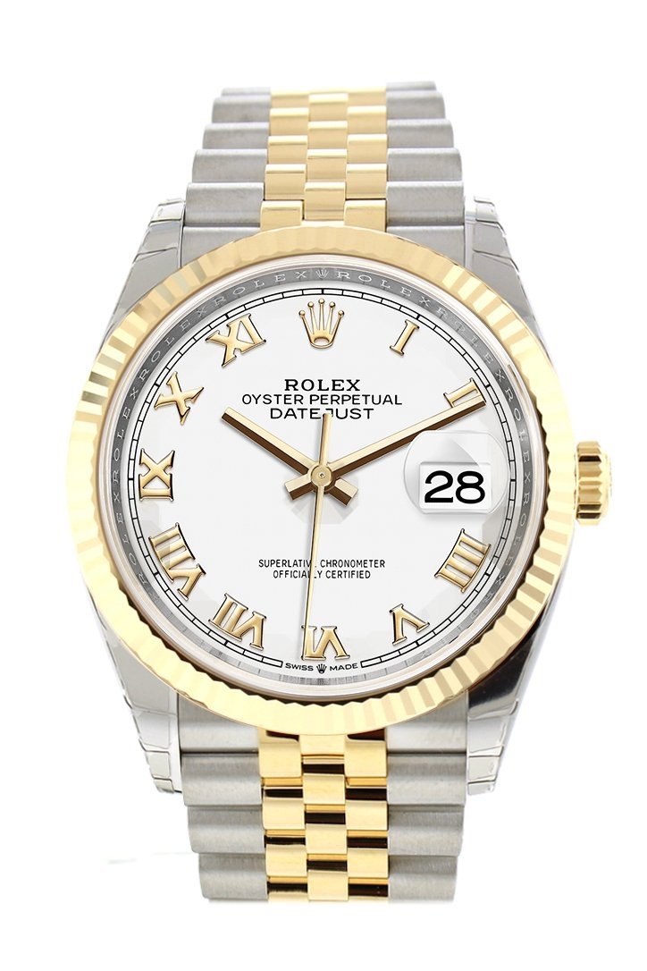 Rolex Datejust 36 Yellow Gold/Steel White Roman Dial & Fluted Bezel Jubilee Bracelet 126233