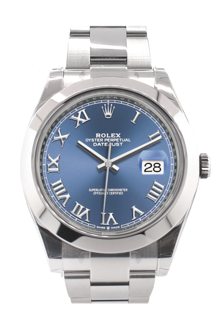 Rolex Datejust 41 Stainless Steel Azzurro Blue Roman Dial Smooth Bezel Jubilee Bracelet 126300