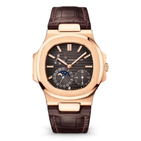 Patek Philippe Nautilus Date Moon Phases Rose Gold Black Brown Dial 5712R-001